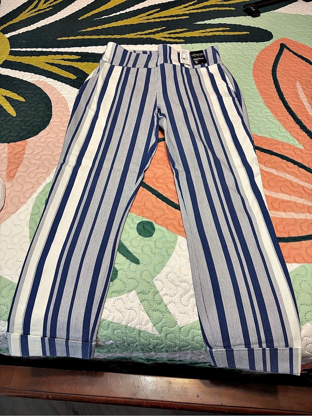 NY&C Whitney Pull-On Crop Pant Striped Wide Leg Crop Pants Blue & White Size